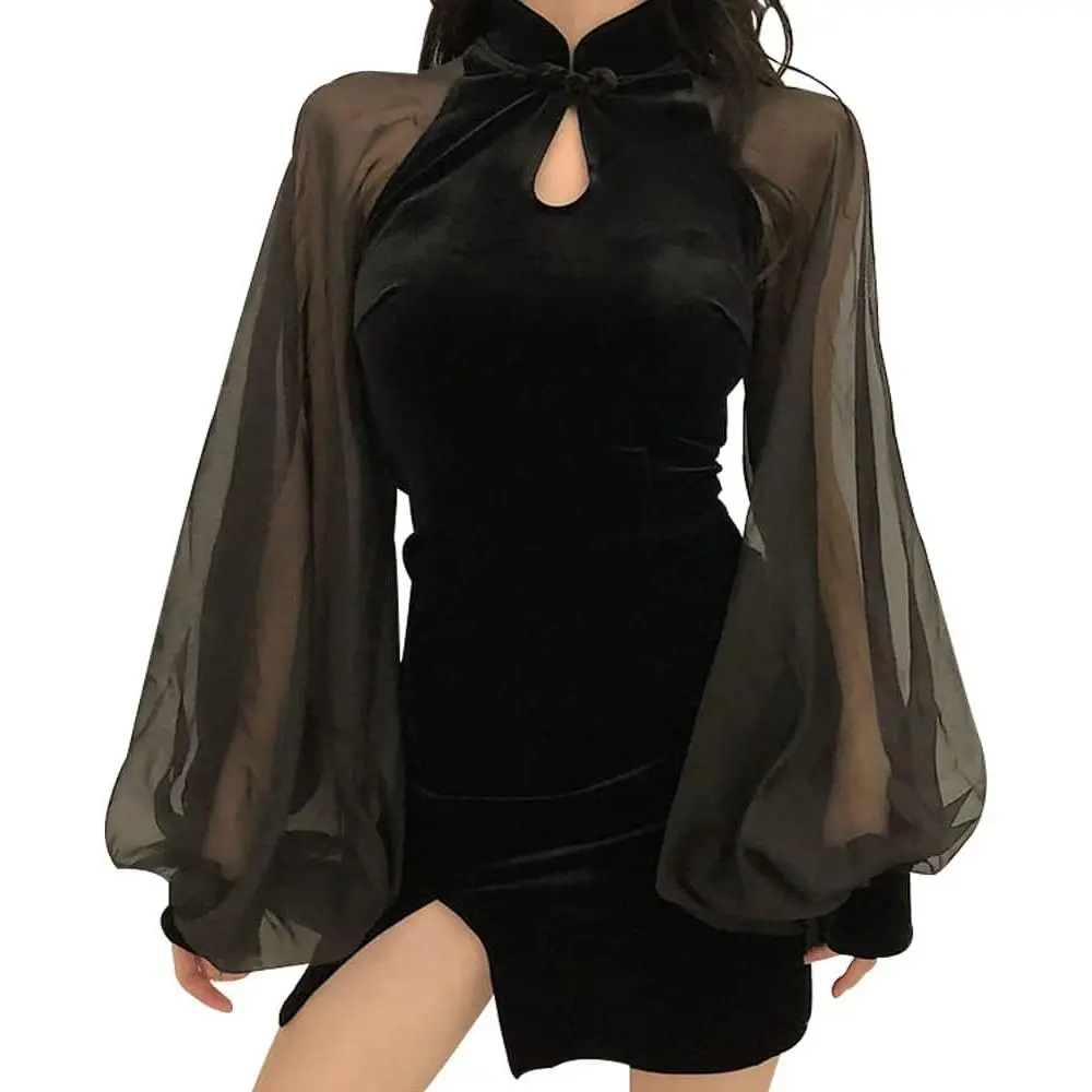 STIOEDYUAN Cheongsam Slim Fit Sexy Bodycon Dress Waist Mini Short Wrap Mesh Dress