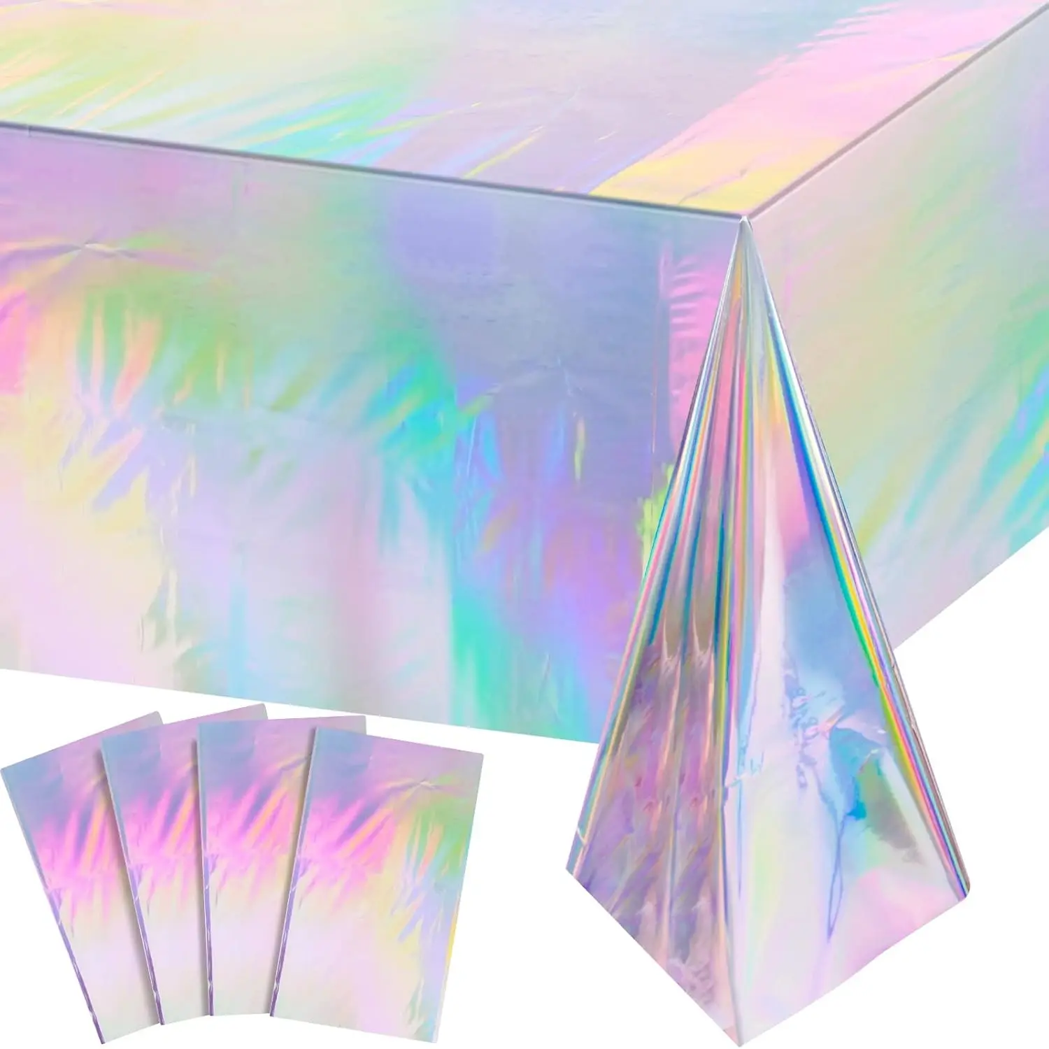 4-Pack Rainbow Plastic Tablecloths, Shiny Disposable Laser-Cut Rectangular Tablecloths, Holographic Foil Tablecloths, Birthday Party Decorations