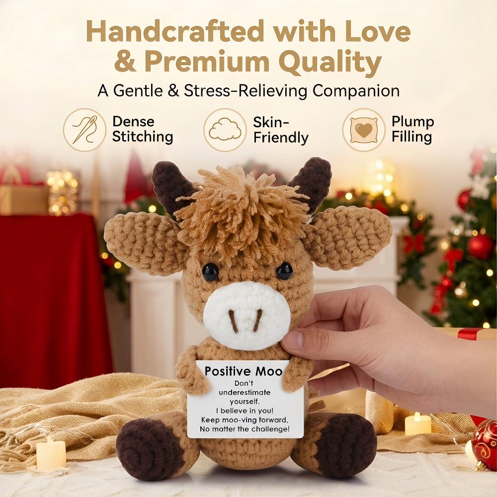 Cute Tiny Hand Knitted Cow Stuffed Toy, Ultra Soft Plushie for Anxiety Relief, Kawaii Backpack Purse Pendant, One of a Kind Handmade Crochet Decor for Home Office Car, Meaningful Gift for Birthday Graduation Mother’s & Father’s Day