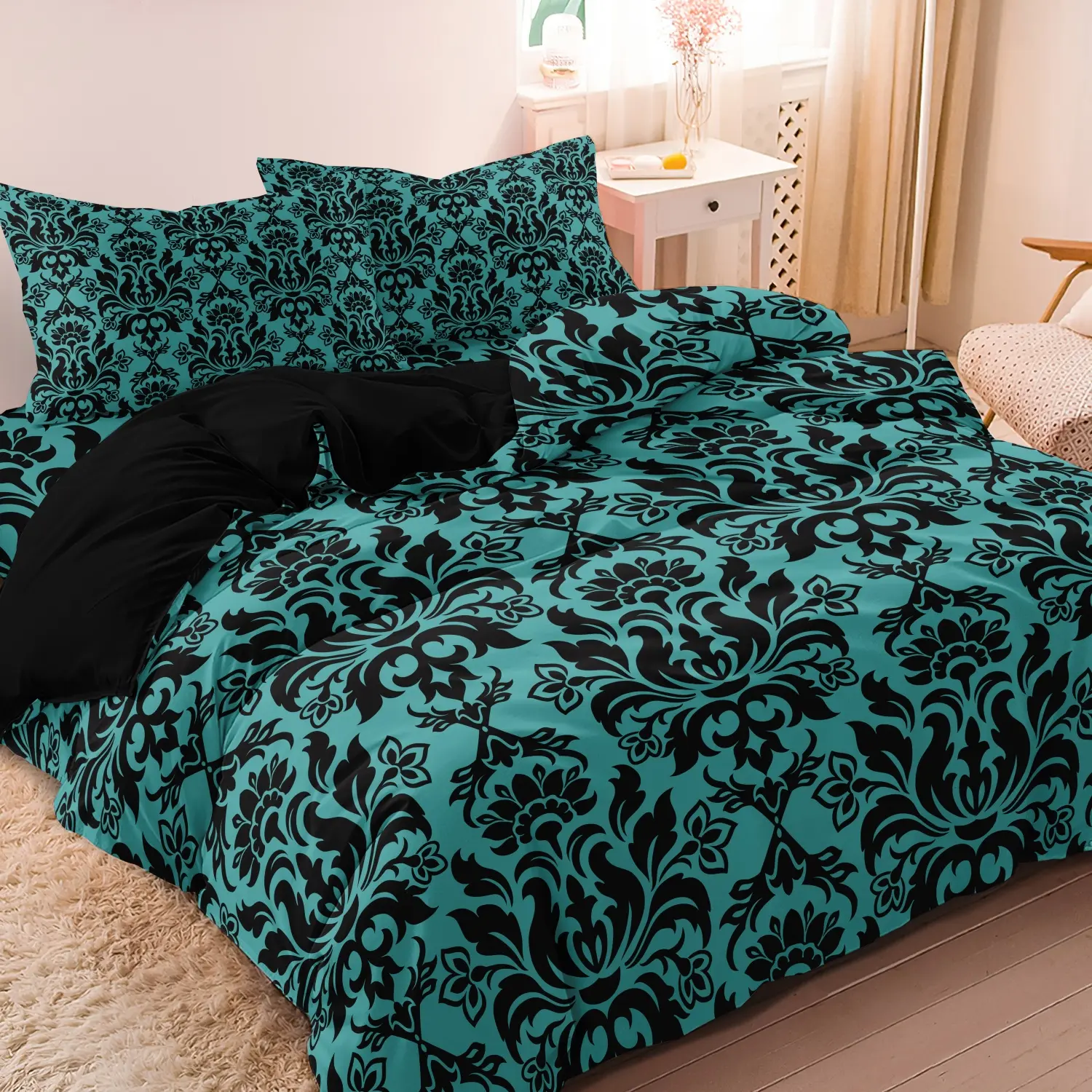 3-piece green floral pattern bedding set - (1 duvet cover + 2 pillowcases, no comforter, no pillow inserts) fit sheet oeko-tex certify memorial day sale bed restful sleep ultra-soft cozy girl room decor boho breathable warmth bedroom