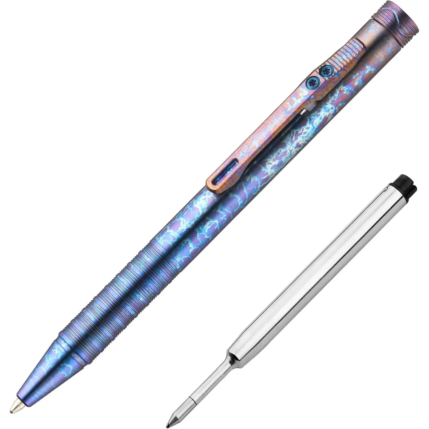 B1 LST Lightning Strike Titanium Fidget Retractable EDC Ballpoint Pen - Clip-Action Mechanism, Discreet Finger-Spin Top, Lightweight, 0.39" Dia, 4.74-inch Length, 8 Anti-Slip Grooves, 2 Refills, Dynamic Fractal-Like Pattern for Office, Daily Commuting