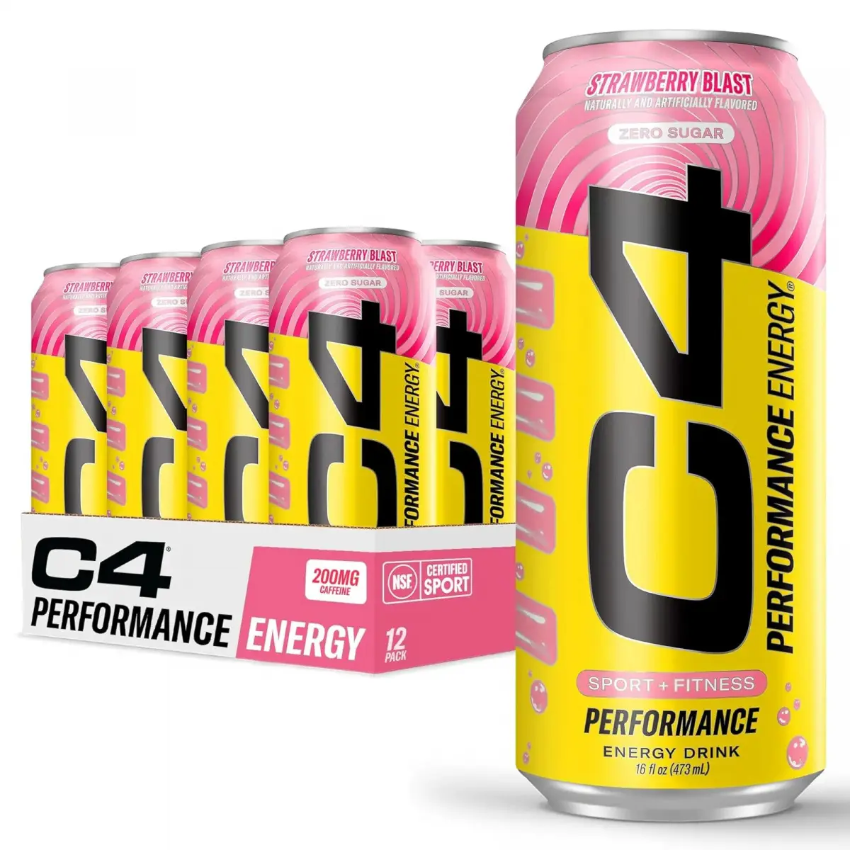 C4 Performance Energy Drink| Strawberry Blast| Zero Sugar Carbonated Preworkout Energy| 200mg Caffeine with Beta Alanine| 16 Fl Oz (12 Pack)