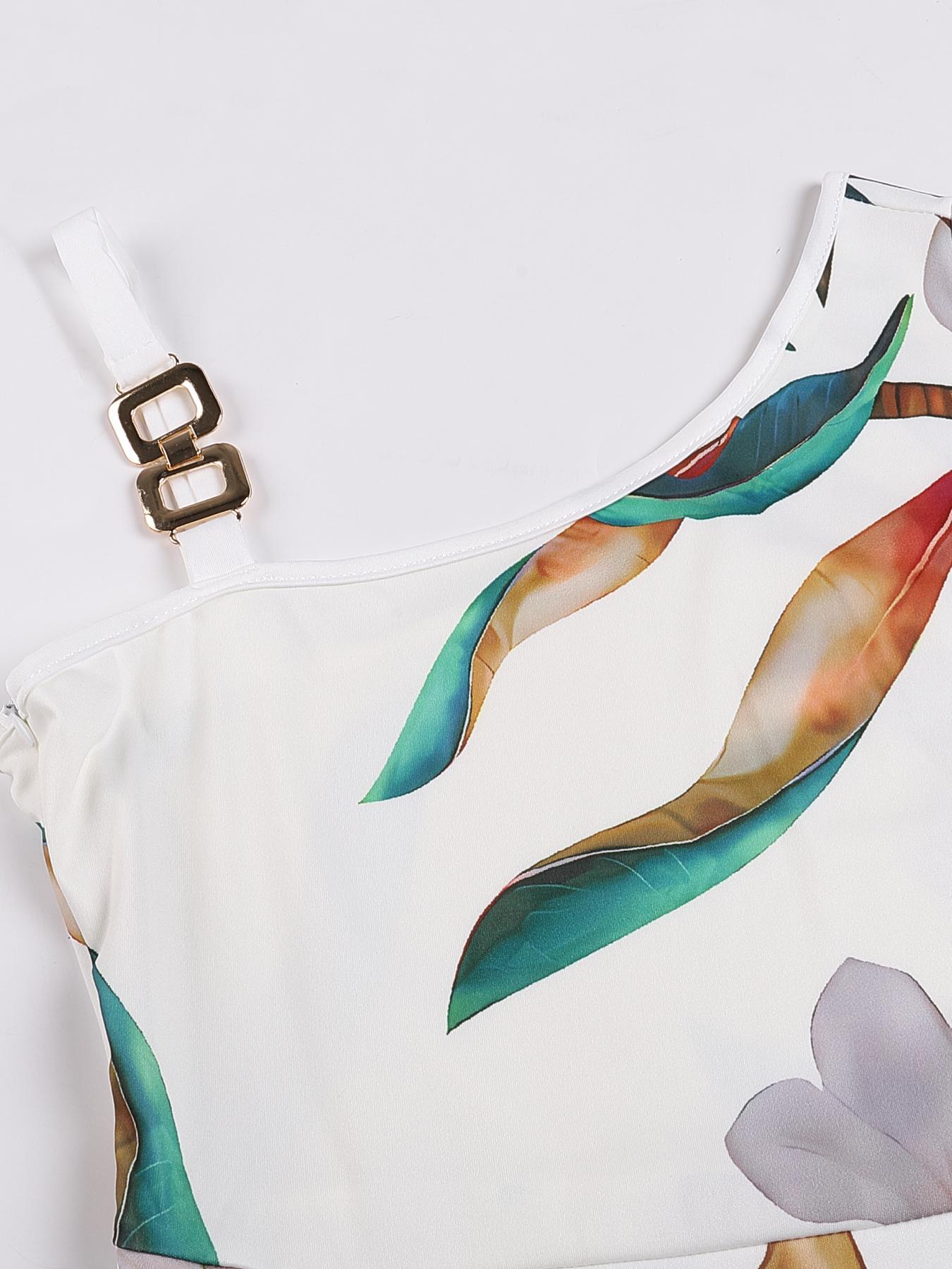 Women's Floral Print Ring-Linked Asymmetrical Neck Jumpsuit, Boho Casual High Waist Wide Leg Jumpsuit for Summer, Womenswear