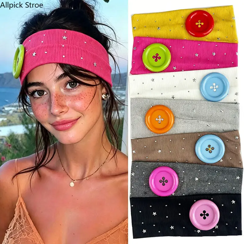 Wide Knit Headband for Women, Elastic Non-Slip Hair Band with Star Rhinestones & Button Accent, Y2K Bling Hair Accessories for Daily Wear, Makeup, Workout, Travel & Fashion Outfits