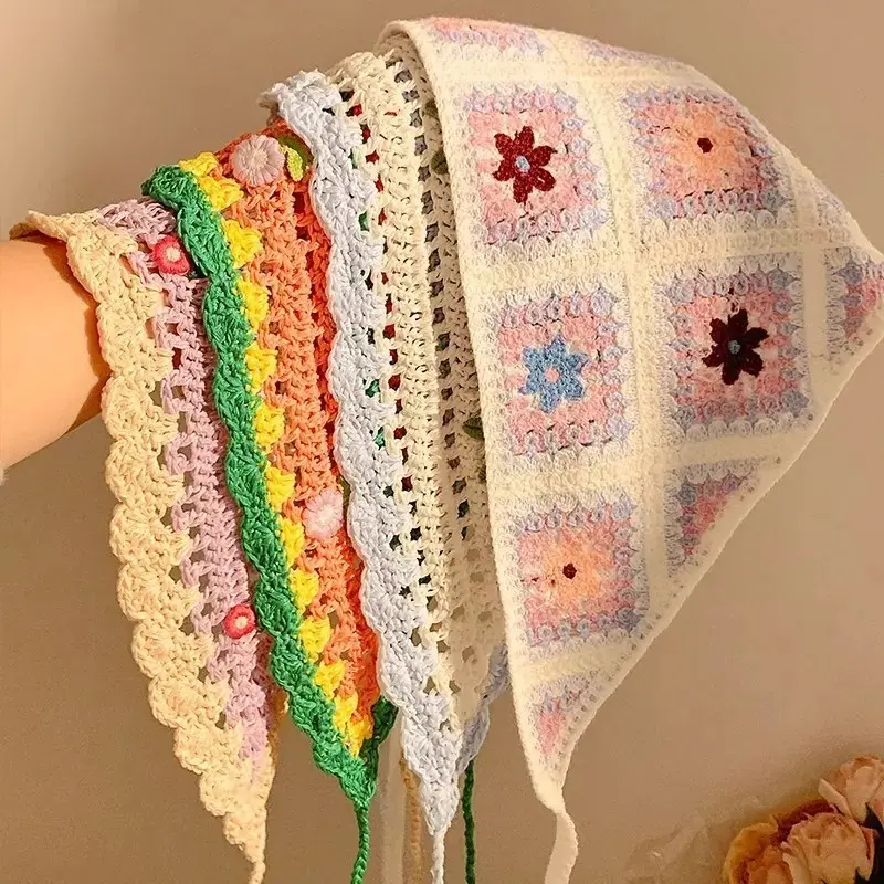 French Vintage Crochet Triangle Headscarf, Handmade Floral Knit Bandana, Sweet Hollow-Out Head Wrap, Breathable Summer Kerchief for Women