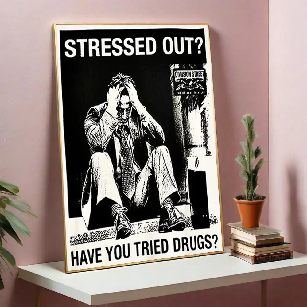 2D flat art, 1 piece. Modern mental health awareness wall art. Printed poster featuring the slogan “Stressed out? Have you tried medication yet?”, black-and-white design, canvas poster, suitable for offices, bathrooms, and outdoor use.