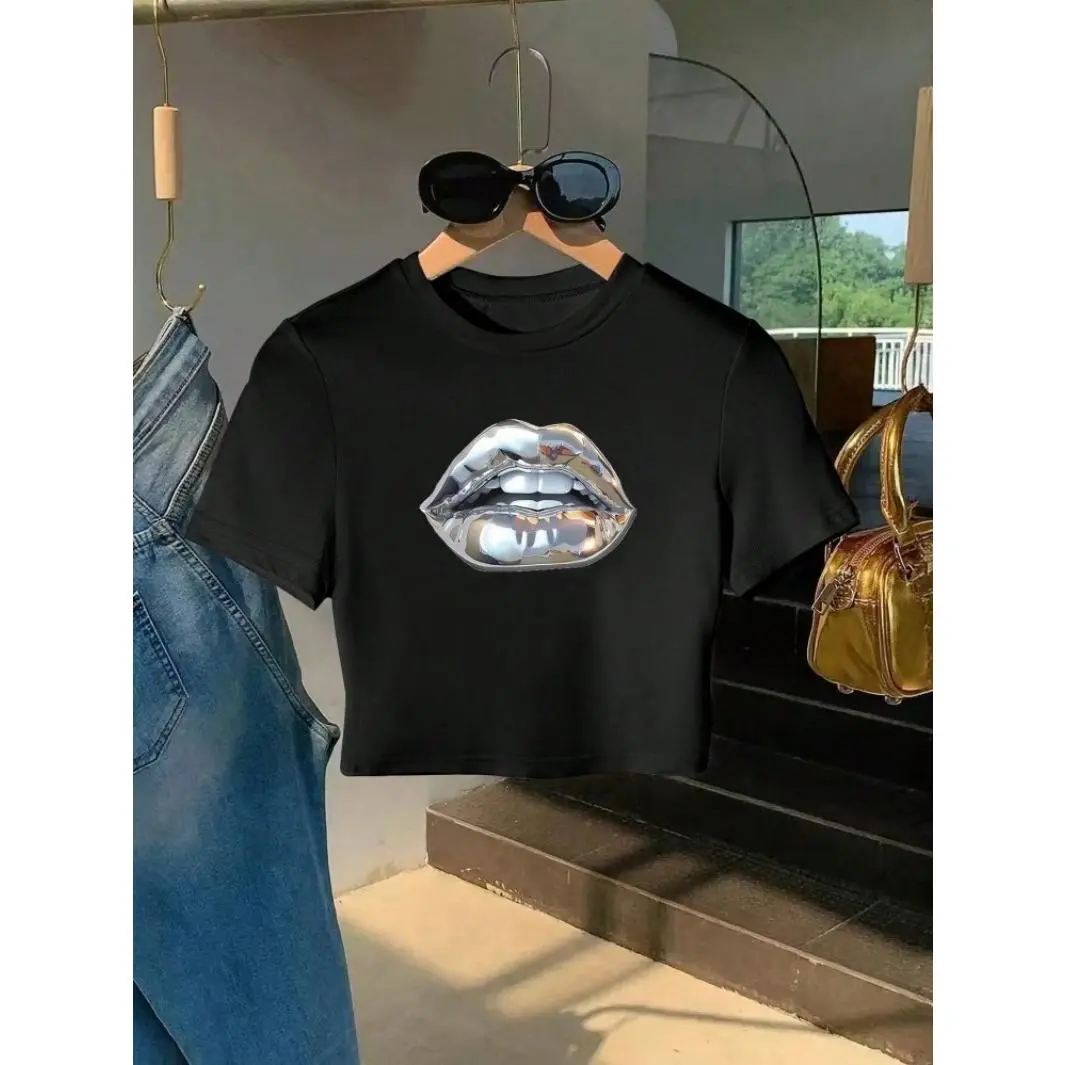 Metallic Silver Lip Print White Crop T Shirt For Women Y2k Fashion Short Sleeve Crew Neck Casual Top Summer Streetwear Daily Outfit Soft Breathable Aesthetic Clothes