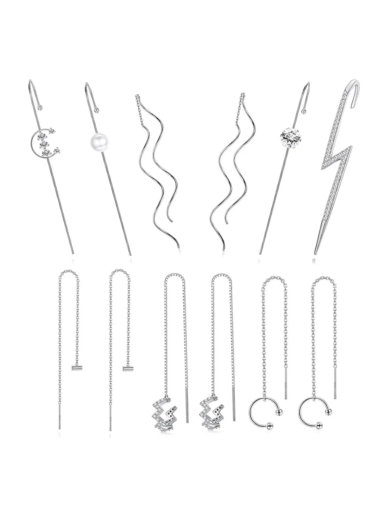 4 Pairs Long Threader Ear Cuff Earrings 4 Pcs Multi-Style Cartilage Piercing Stud Bundle for Women Trendy Layered Ear Stack Styling Solid Stainless Steel Threader Posts Lightweight Cast Alloy Decor Charms Versatile Bling Ear Adornment
