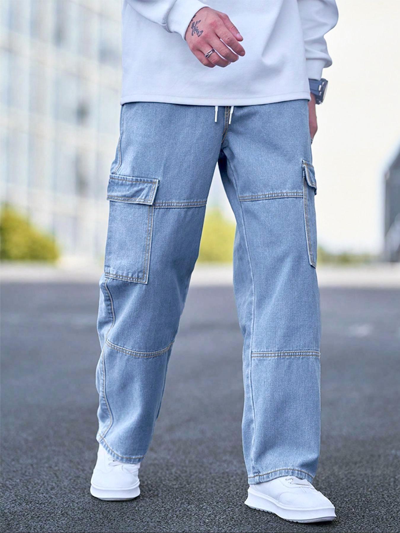 Men's Solid Flap Pocket Cargo Jeans, Loose Casual Street Fashion Denim Pants for Daily Wear, Men's Trousers for All Seasons, Streetwear
