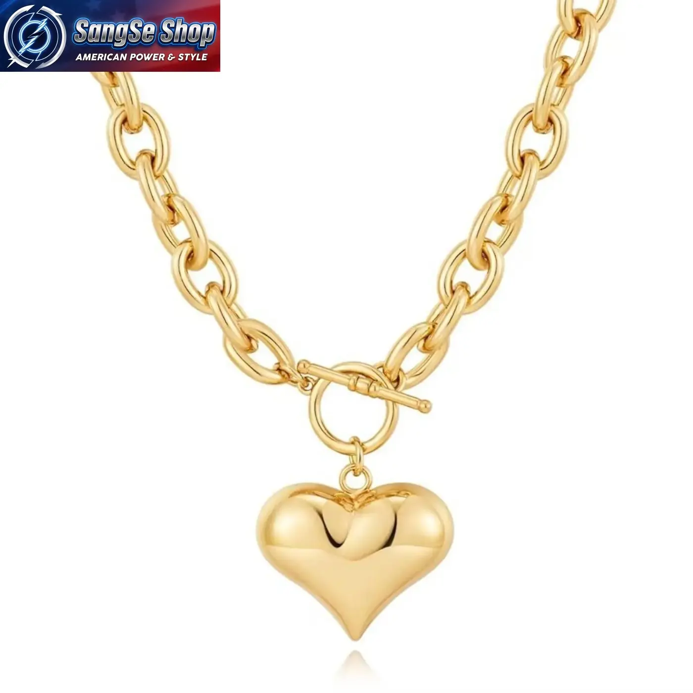 Female Chain Link Necklace - Gold-Plated Chunky Chain Accessory, Puffy Heart Fashion Pendant with OT Clasp, Minimalist Casual Jewelry for Daily & Street Style Outfits