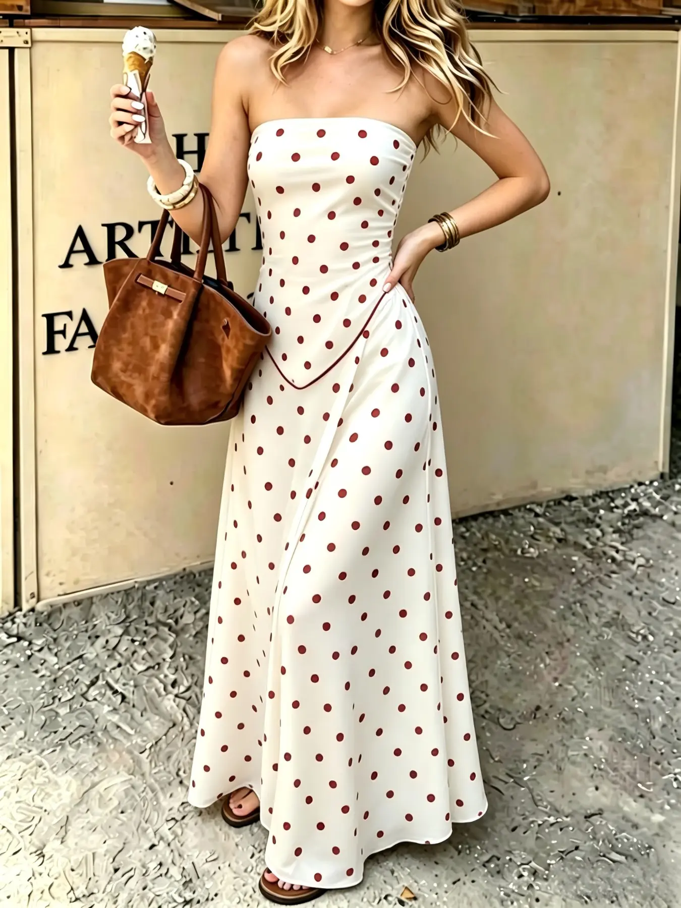 French Vintage Satin Polka Dot Two-Piece Set, One-Shoulder Sleeveless Crop Top, High-Waisted Split Hem Midi Skirt, Women's Elegant Fashion