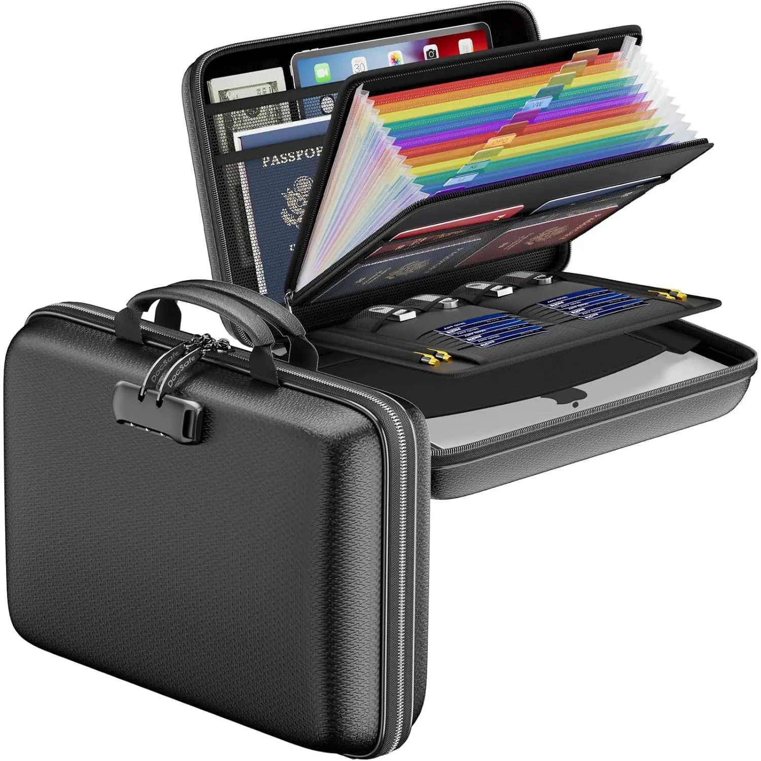 Black Fireproof Locking File Organizer - Hard-Shell Case with 13-Pocket Accordion Fold, Letter/Legal File Storage for Home Office, Portable Travel Safe for Important Documents & Laptop