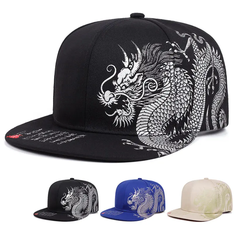 Mens Snapback Hat with Dragon Embroidery, Adjustable Flat Bill Design for Streetwear - Anniversary or Engagement Gift, Business, Memorial Day, Ceremony