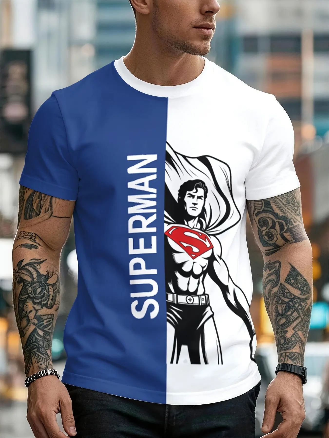 Warner Bros. Dc Superman T-Shirt, Blue and Contrast, Crew Neck, Long Loose-Fit, All-Over Print, Casual Streetwear, Graduation Gift