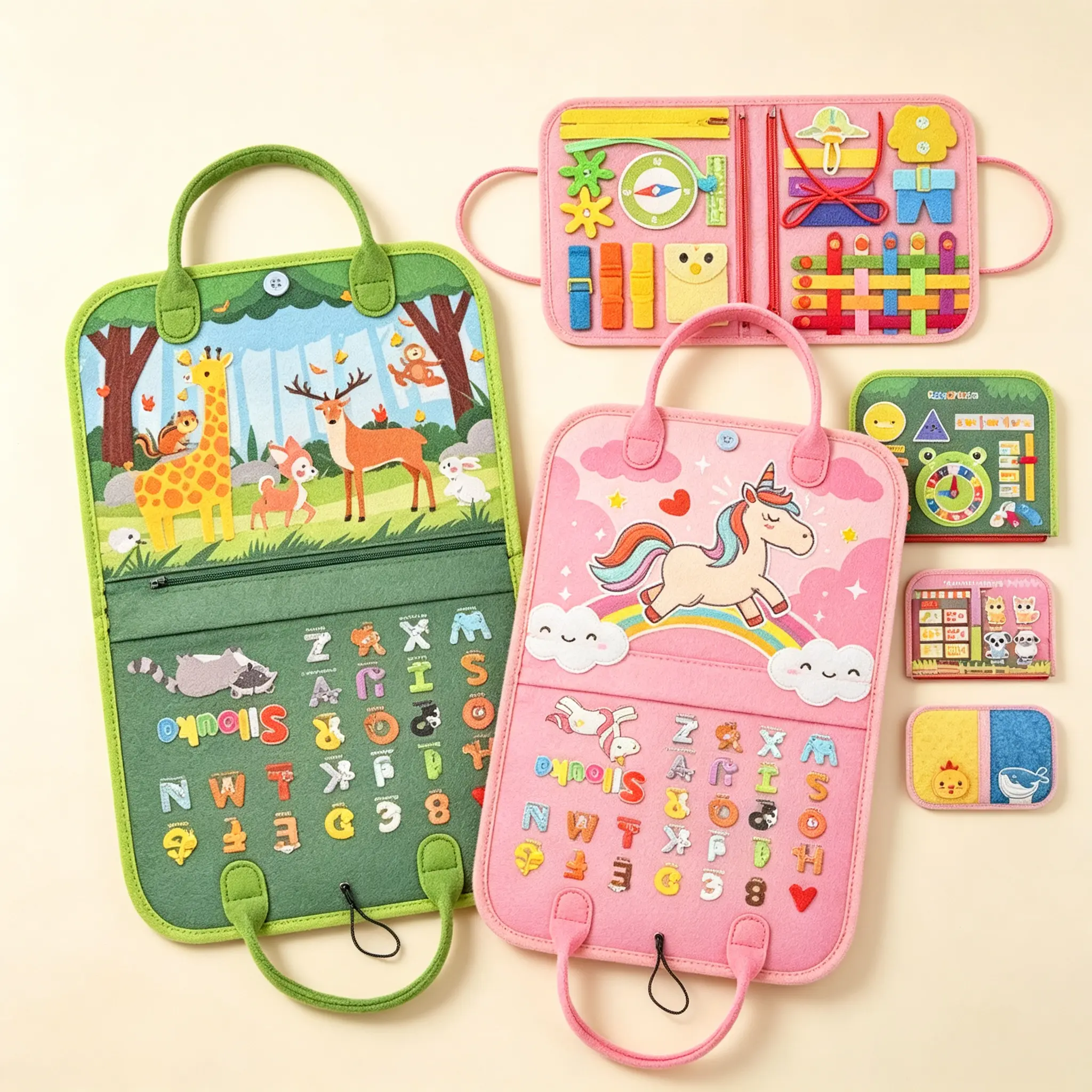 Montessori Busy Board Felt Learning Toy for Toddlers Portable Car Seat Activity Board Educational Sensory Toy with Zipper Buckle Lacing Animal Learning for Kids Travel Toy