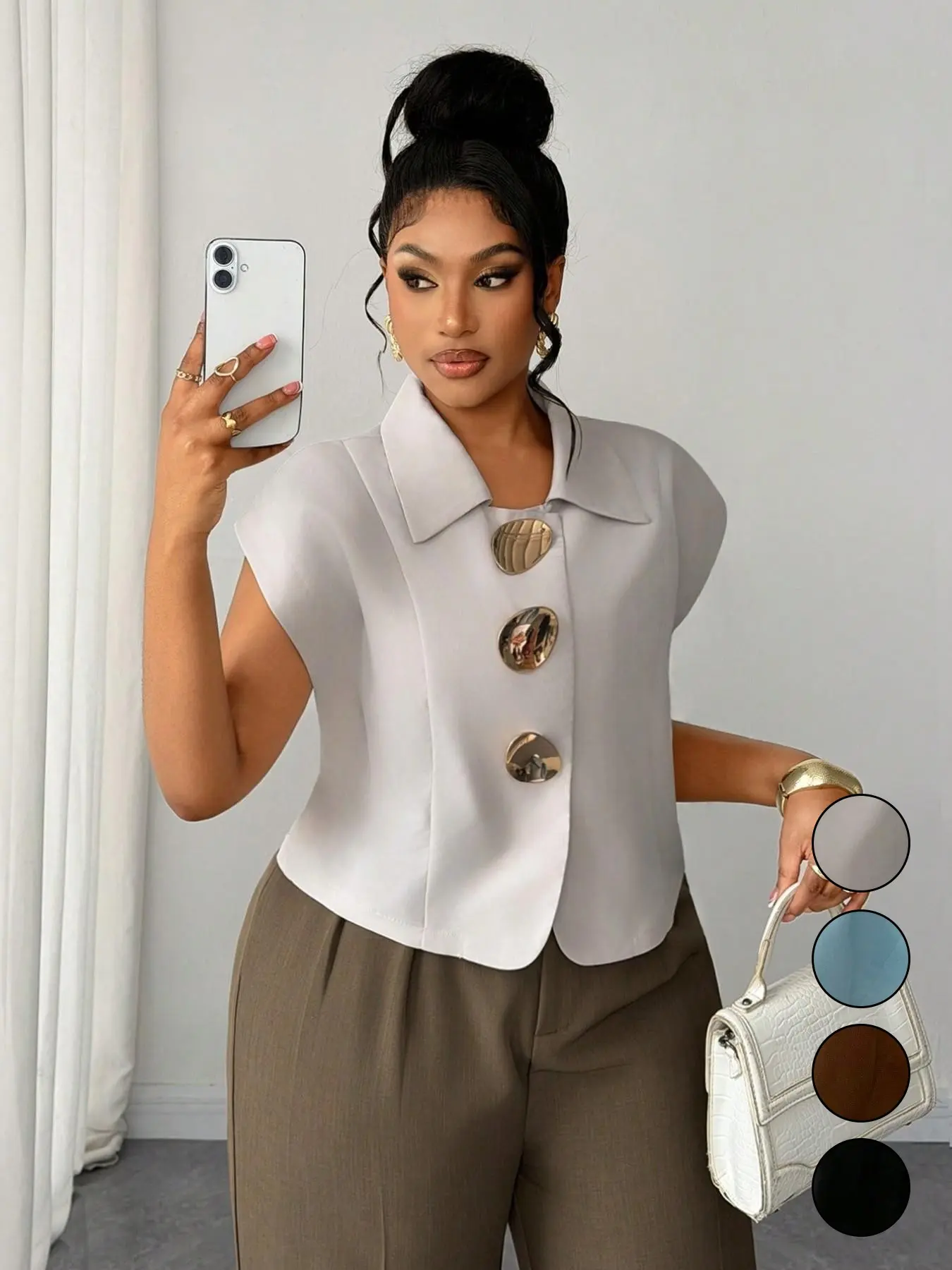 Women's Plus Size Light Short Sleeve Large Metal Buttons Collared Blazer Top, Casual All-Season Top Blouses