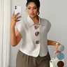 Women's Plus Size Light Short Sleeve Large Metal Buttons Collared Blazer Top, Casual All-Season Top, Classy Tops