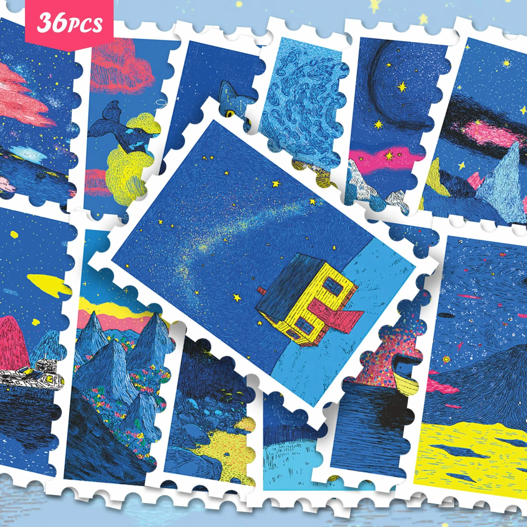 36 Pcs Blue Tone Starry Sky Fantasy Hand Drawn Vinyl Stickers Pack | Dreamy Galaxy Figure Star Bottle Border Art Decals | For Laptop, Water Bottle, Notebook, Luggage & Gift Decor | For Celestial Dream & Scrapbook Hobby Collectors