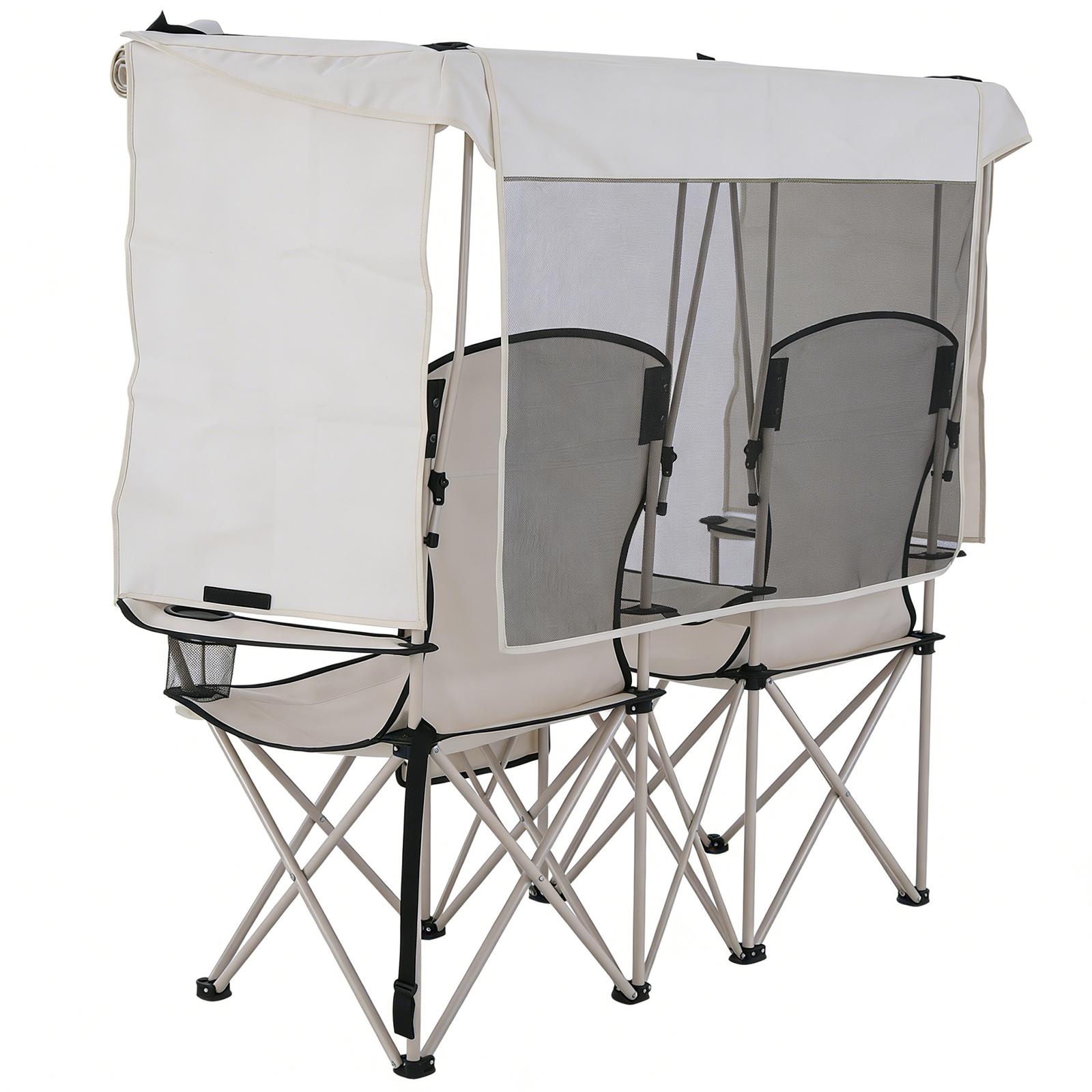 Folding Camping Two-Person Seat with Shade Canopy Portable Double Camping Chair with Cup Holder Cooler Bag Protection for Beach Fishing Camp Sports Event NEW