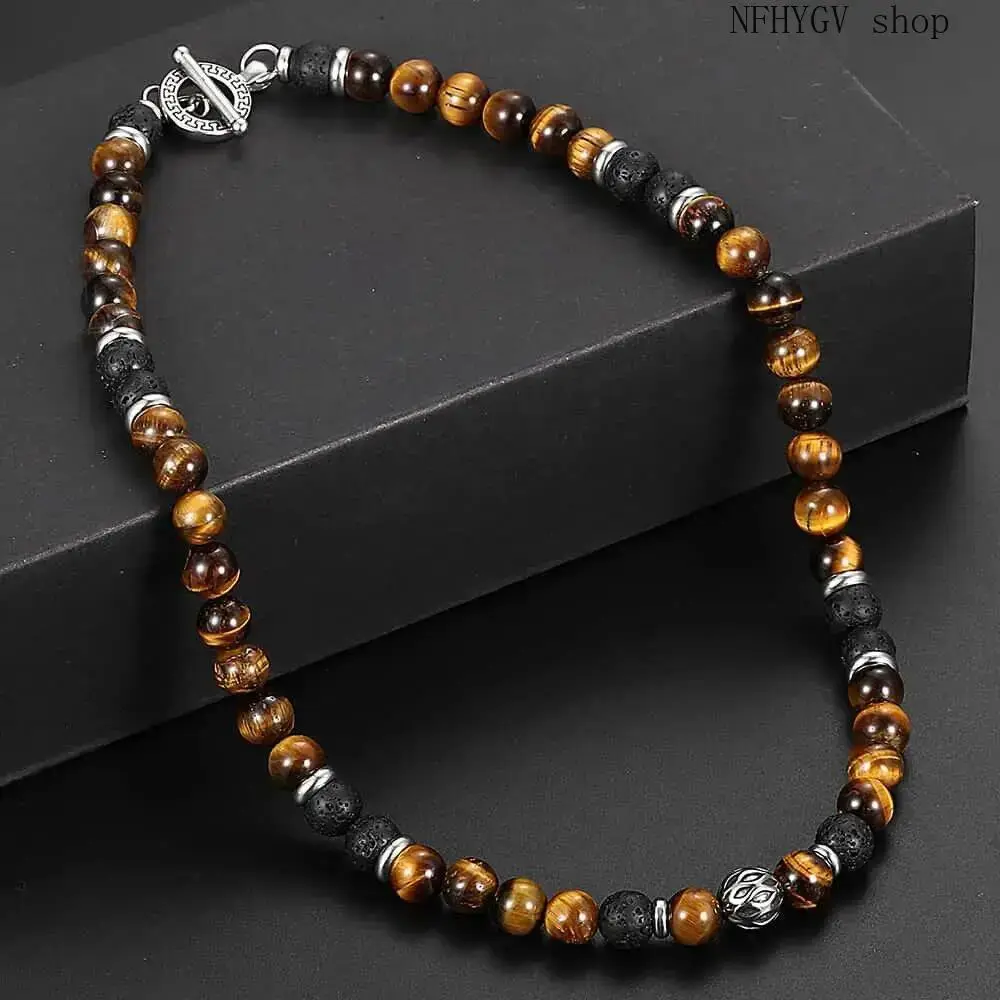 8mm Natural Tiger Eye And Lava Beaded Necklace For Men, Decorated With Black Onyx, 18 Inch Chain With Stainless Steel Toggle Clasp, Fashion Accessory And Father’s Day Gift