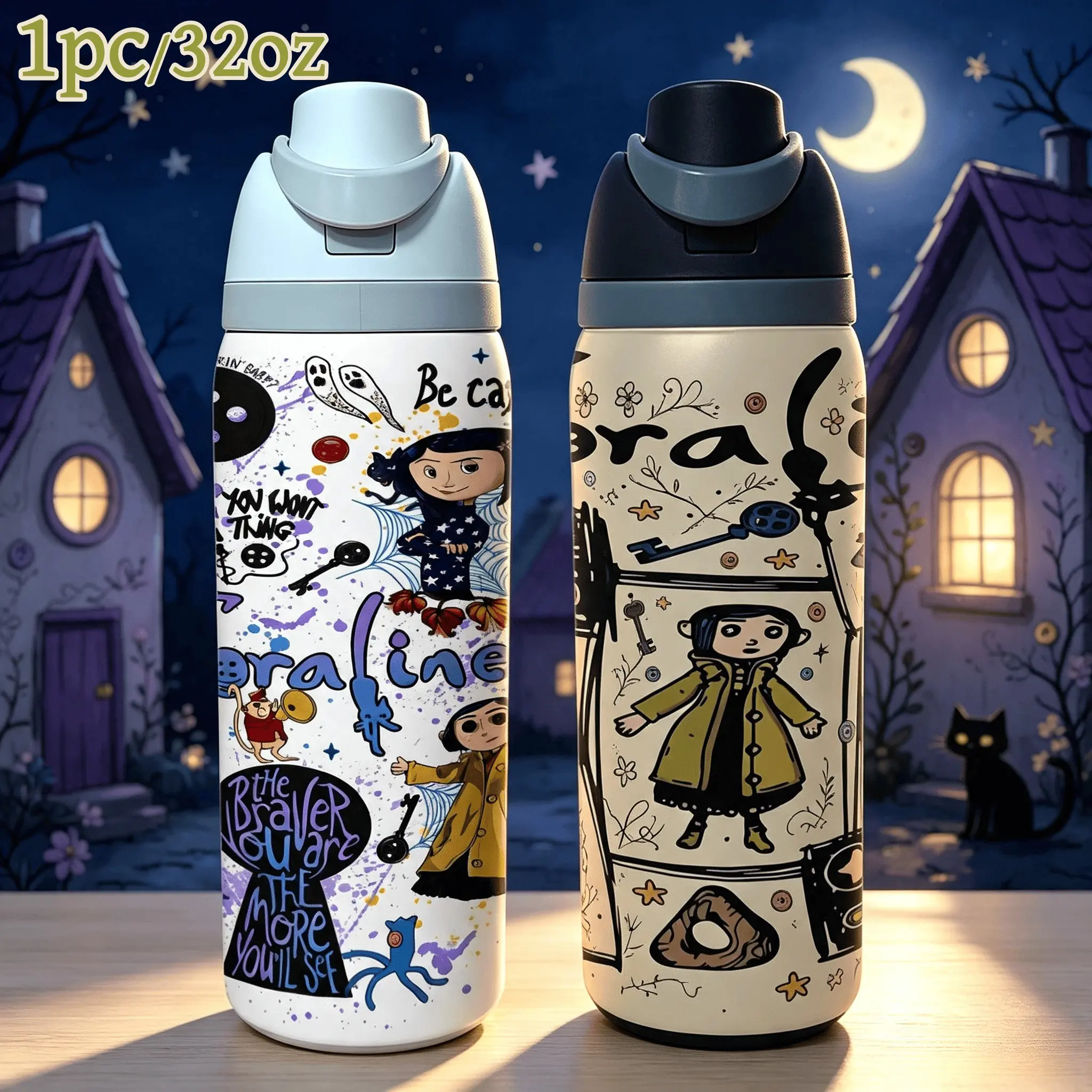 1pc Large 32oz Insulated Travel Cup, Spooky Fantasy Coraline Pattern Stainless Steel Water Bottle With Flip Straw Lid, Hot Cold Retention, Reusable Drinkware For Dark‑Fantasy Movie Fans