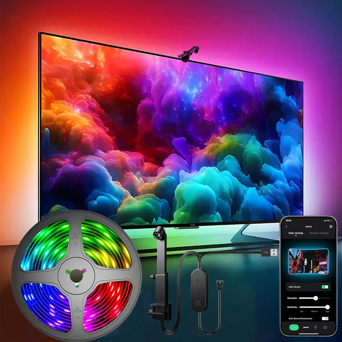 Rgbic LED Smart TV Backlight Strip with AI Color Sensor, 12.5ft for 55-65 Inch Tvs, 16.4ft for 70-85 Inch Tvs, Bluetooth-compatible, Music Sync, RGB Changing