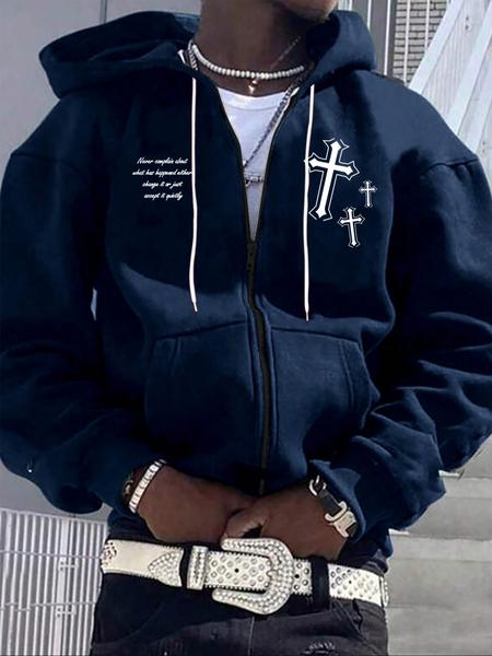 Men's Fleece Lined Zipper Hoodie Jacket, Winter Warm Sports Sweatshirt, Letter & Cross Print Long Sleeve Hooded Top for Outdoor Wear