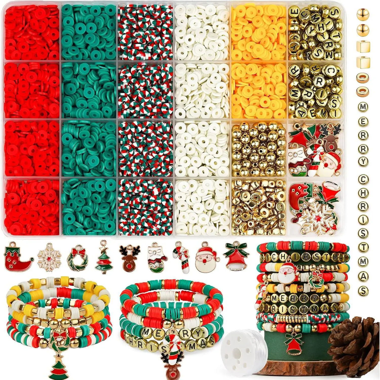 Christmas DIY Bracelet Making Kit, Holiday Polymer Clay Beads Jewelry Making Supplies, Xmas Themed Flat Round Heishi Beads, Christmas Charms & Alphabet Metal Beads Set, for Handmade Bracelet Necklace, Xmas Gift for Girls Kids, Holiday Craft DIY Jewelry Ma