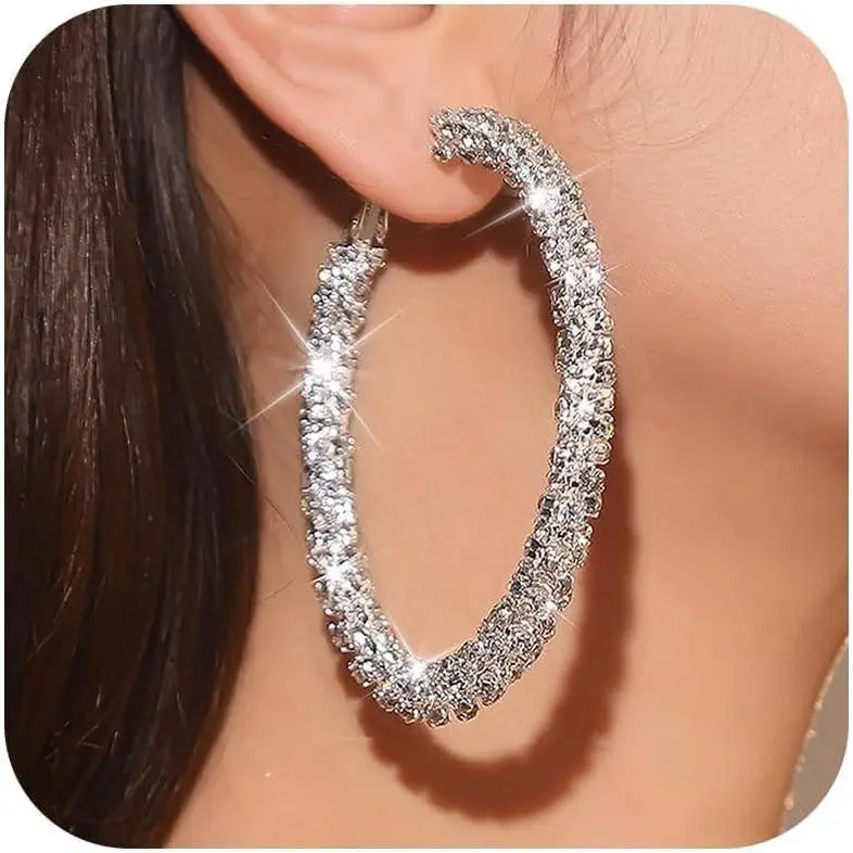 Women's Sparkling Rhinestone Hoop Earrings, Metal Alloy Screw Back Statement Costume Jewelry for Wedding, Women's Clothes Outfits