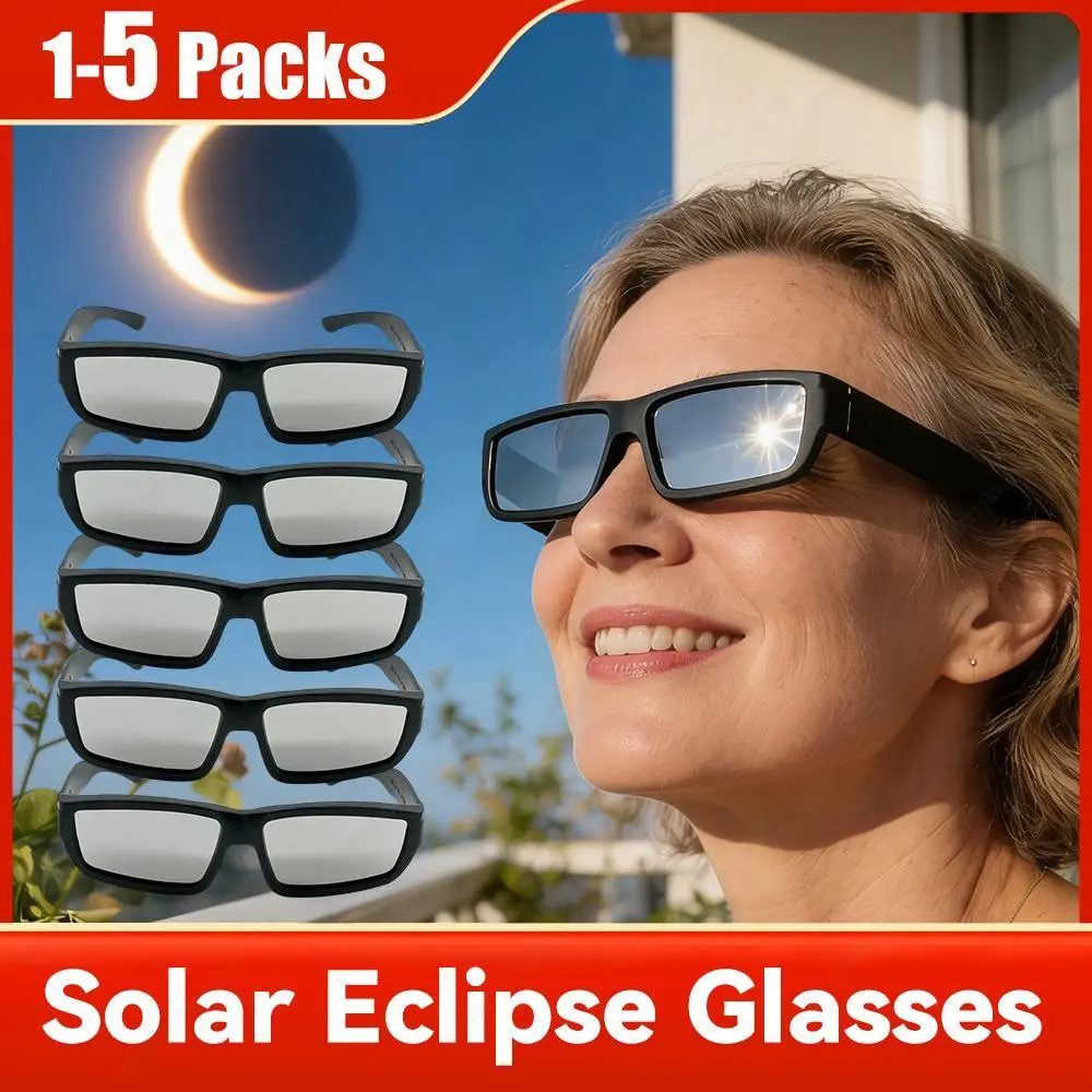 Solar Eclipse Observation Glasses with Plastic Frame, 1/2/3/5 Pack ISO Certified Eye Protection for Direct Solar Viewing (Meets ISO 12312-2:2015(E) Standards)