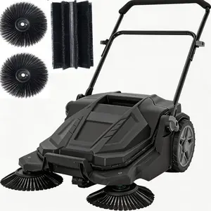 Walk-Behind Hand Push Floor Sweeper, 25.6 Inch Wide Manual Non-Electric Sweeper with 5 Gallon Waste Bin, Adjustable Folding Handle Heavy Duty Yard Sweeper for Garage Patio Walkway Driveway Leaf Debris