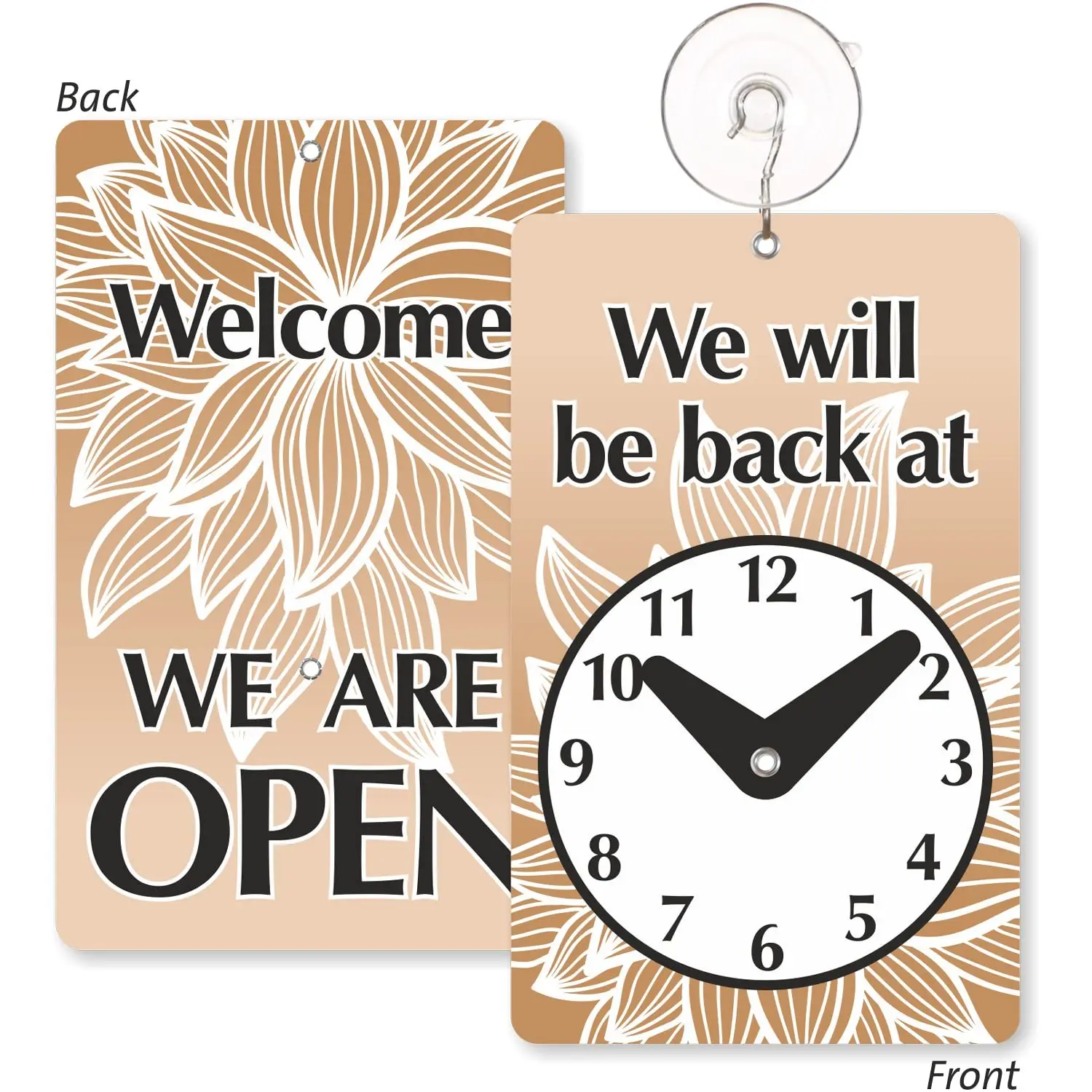 Two-Sided Be Back Clock Sign - We Will Be Back / Welcome We Are Open, 7.75" x 4.75" Plastic
