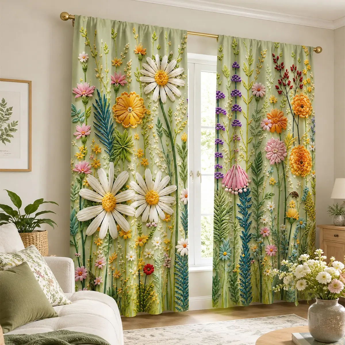 Vintage Country-Style Semi-Sheer Window Curtain Set (2 Panels): Patchwork Design Featuring Wild Daisies, Floral Prints, and Gingham Checks (90g Polyester) – Rod-Pocket Decorative Drapes for Bedrooms and Living Rooms