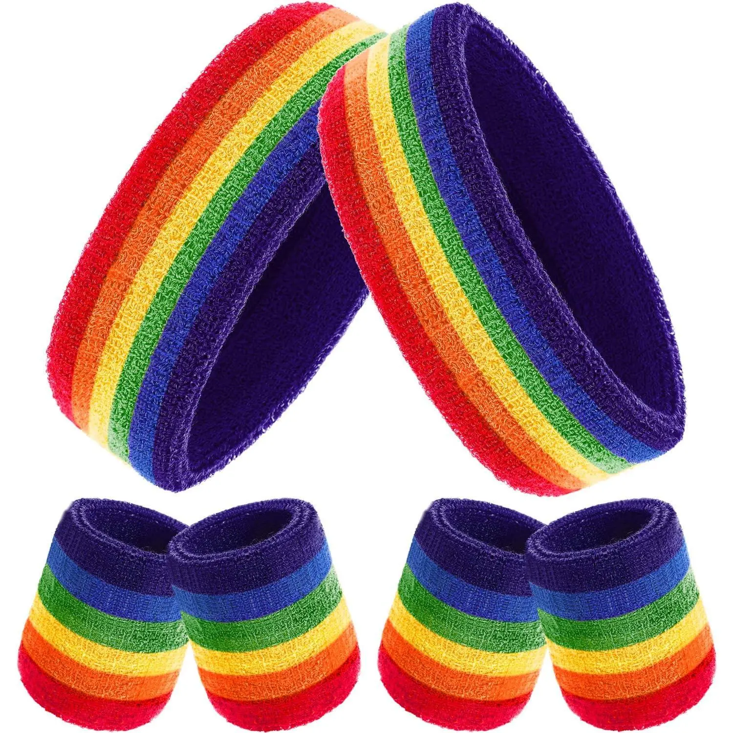 6 Pcs Neon Sweatbands Set for Men Women 80s Tennis Striped Headband Sports Wristband Set Costumes Glow Cosplay Party