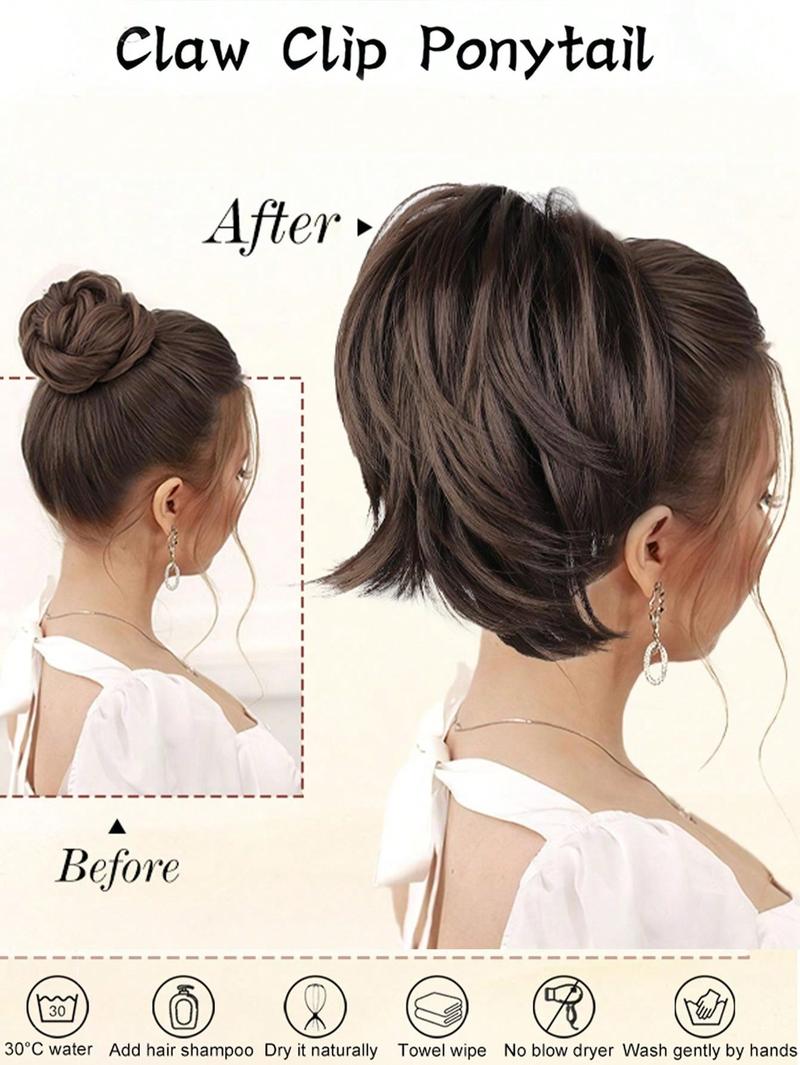 10 Inch Messy Bun Hair Piece,Straight Fake Chignon,Claw Clip In Short Ponytail Extension,Heat Resistant Synthetic Ponytail Extensions For Women,Party Daily Use