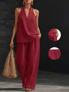 Women's Lightweight Faux Linen V-Neck Halter Top and Wide Leg Pants Set, 2-Piece Loose Fit Lounge Set, Casual All-Season Wear