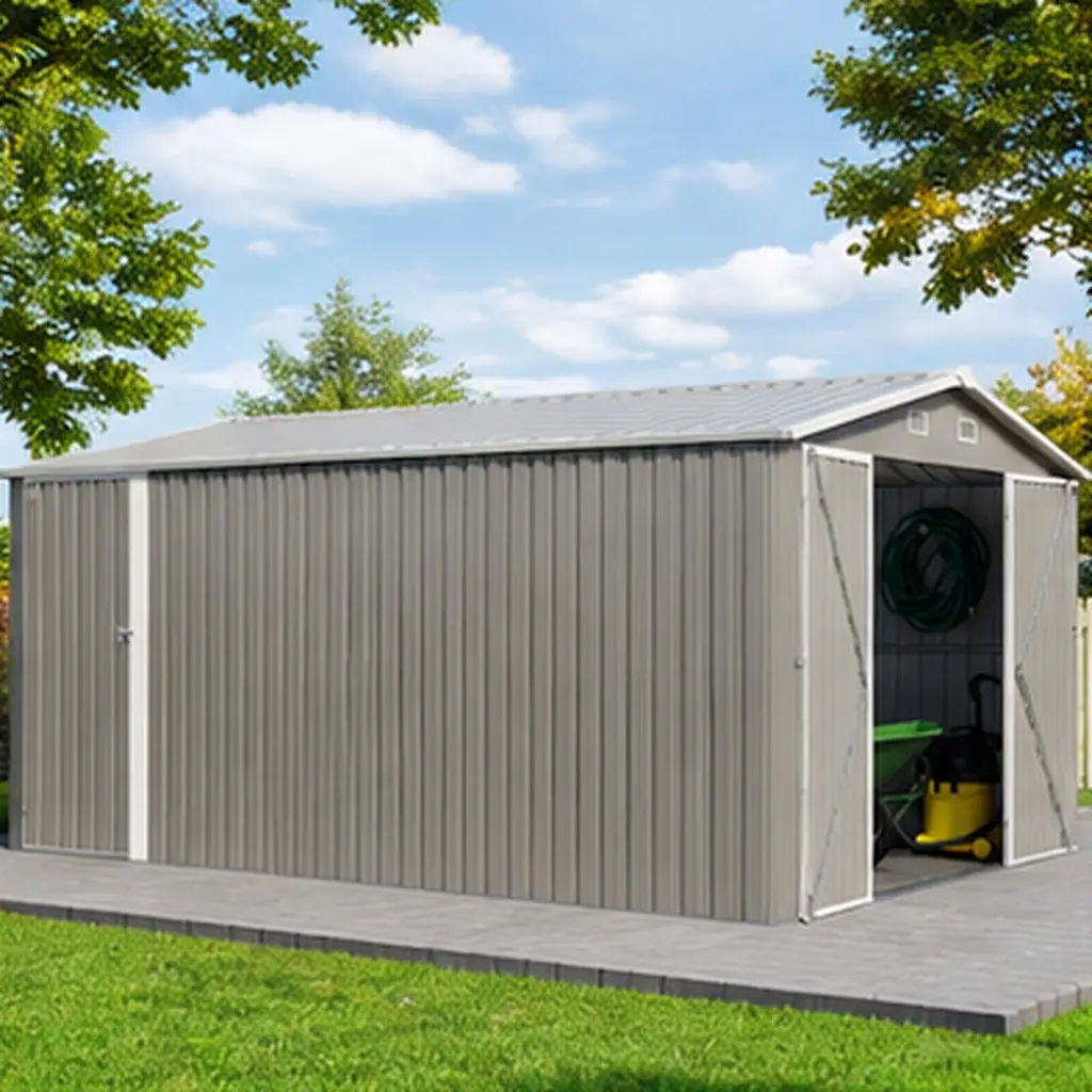 ARCH 10*14 FT Heavy Duty Steel Outdoor Storage Shed - Lockable 3-Door Metal Garden Tool Building with 4 Vents, Sloped Roof, Solid Hinges, Protective Film, Modern Design for Backyard, Patio