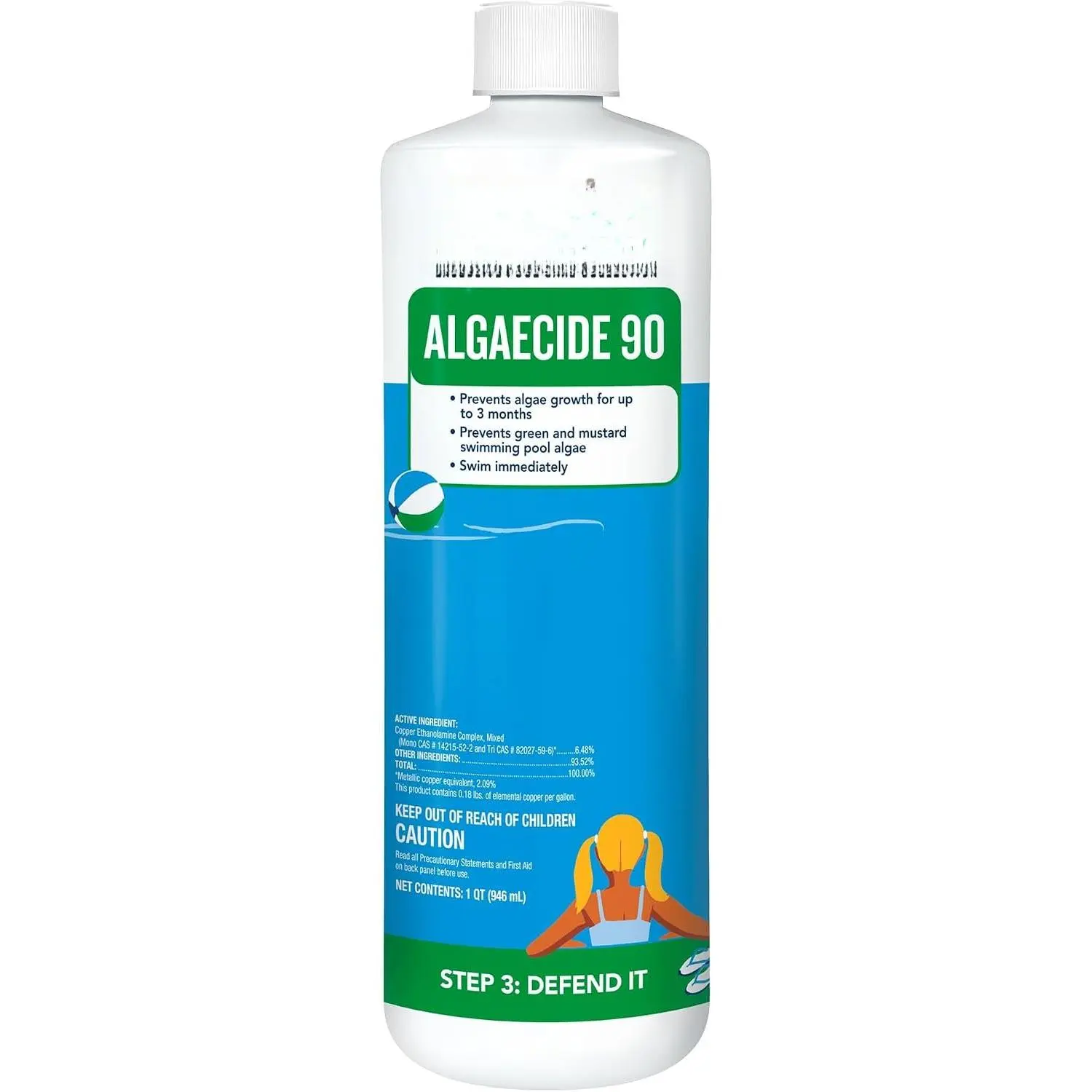 Pour-On Algaecide 90 (1 Qt Bottle) - 90-Day Long-Lasting Algae Control for Pool Owners, Chelated Copper Formula, Non-Foaming for All Pool Types, Targets Green, Black & Mustard Algae, Quart Bottle