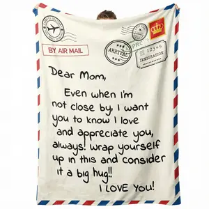 60x50 Inch Vintage Air Mail Stamp Dear Mom Long Distance Hug Letter Flannel Throw Blanket, Anti Pilling Wrinkle & Shrink Resistant No Shed Hypoallergenic Anti-Asthma Velvet Fuzzy Plush Blanket, Lightweight Durable Foldable Warm Cozy Blanket