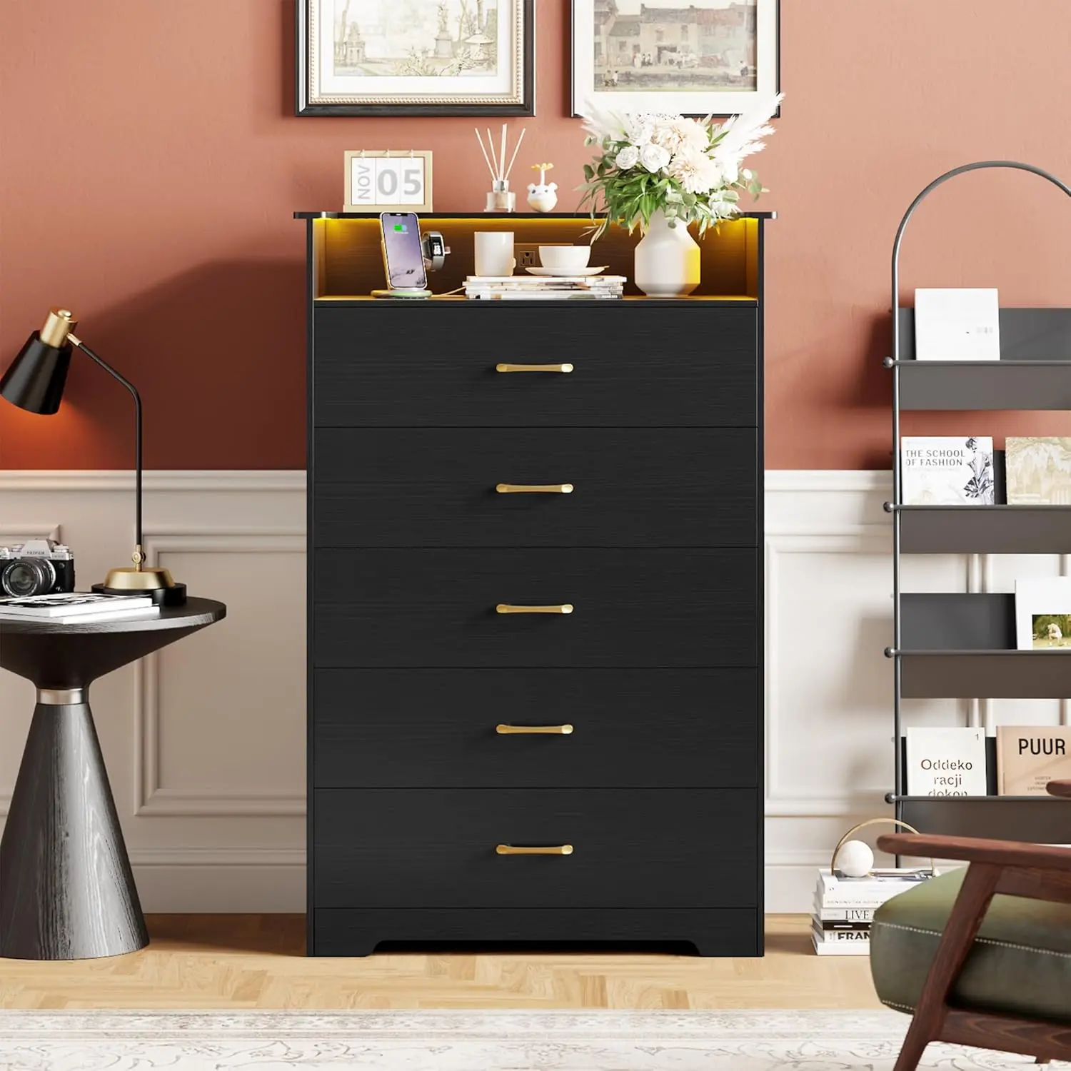 Modern 5/6/7/8-Drawer Sturdy Wood Dresser with Charging Station, LED Lights, Smart App Control, TV Console, Closet Storage & Drawer Organization – Anti-Tipping Bedroom Chest for Living Room