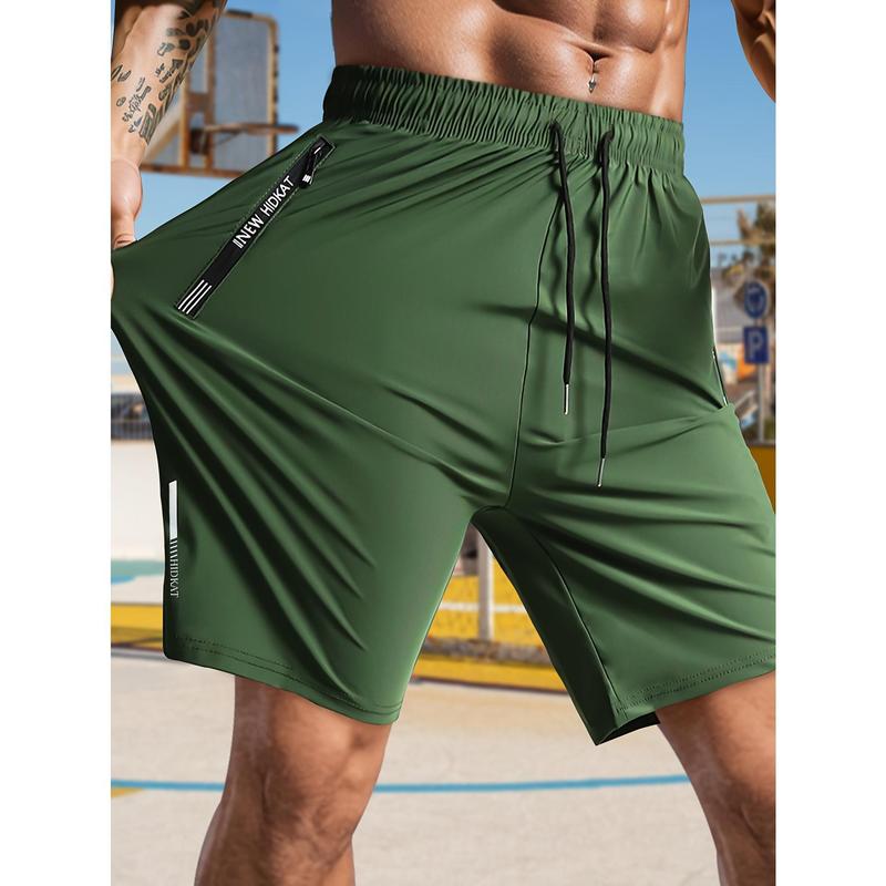Men's Summer High Stretch Shorts - Made of Casual Ice Silk Material, with A Drawstring At The Waist and A Letter Zipper Pocket, Suitable for Fitness, Running, Outdoor Activities, and Daily Work Scenarios
