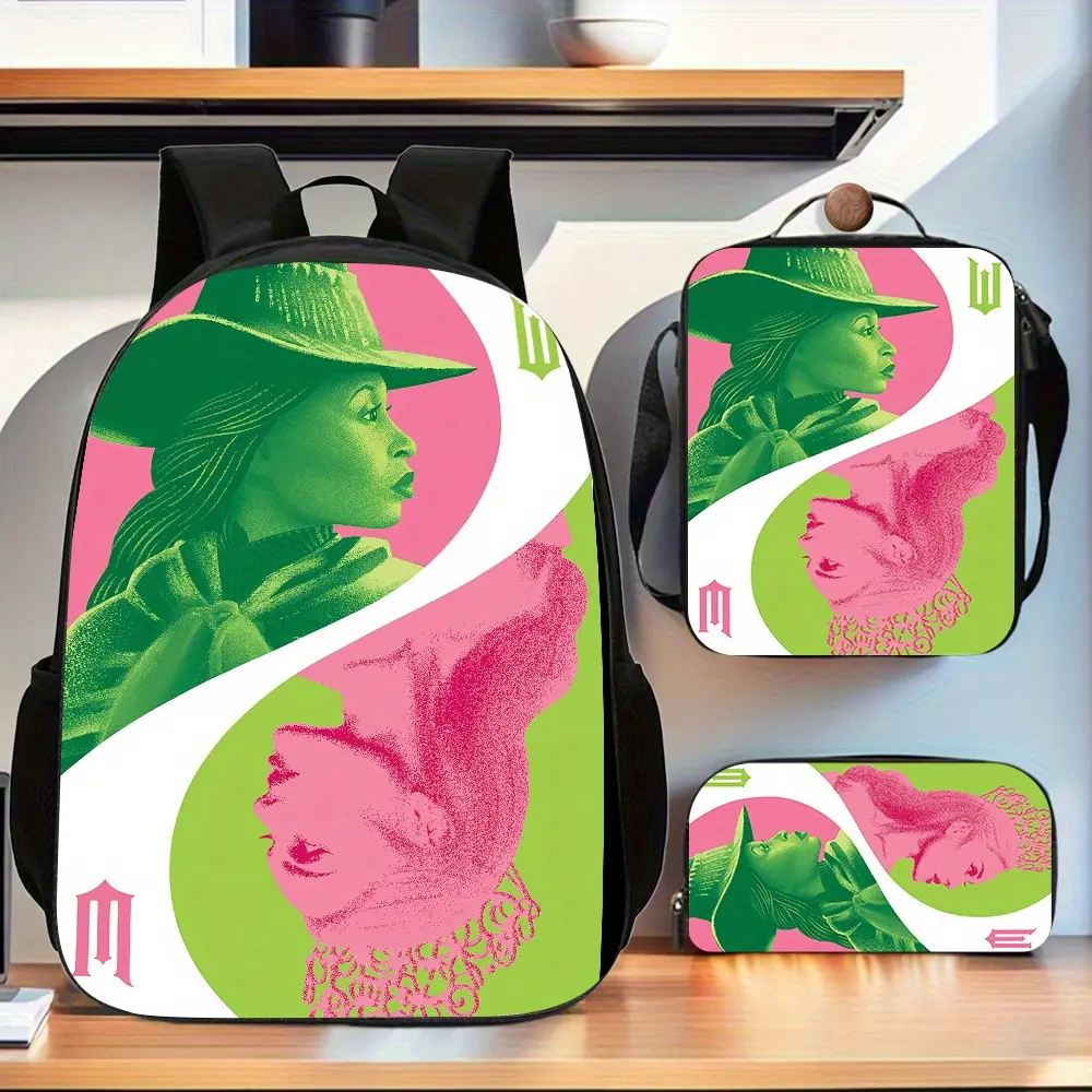 Magic Wicked Witch Pink and Green Contrast Silhouette Backpack Three-Piece Set: Oxford Cloth Large Capacity Backpack with Crossbody Lunch Bag and Stationery Pencil Case, Suitable for Daily School Use and Outdoor Travel