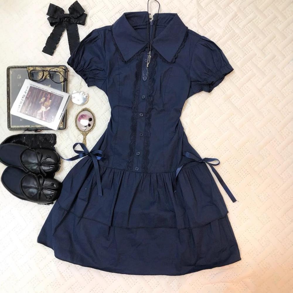 Korean-Style College-Inspired Design Dress Women Summer 2026 New Elegant Petite Lace Patchwork Waist-Cinching Vintage Short Dress