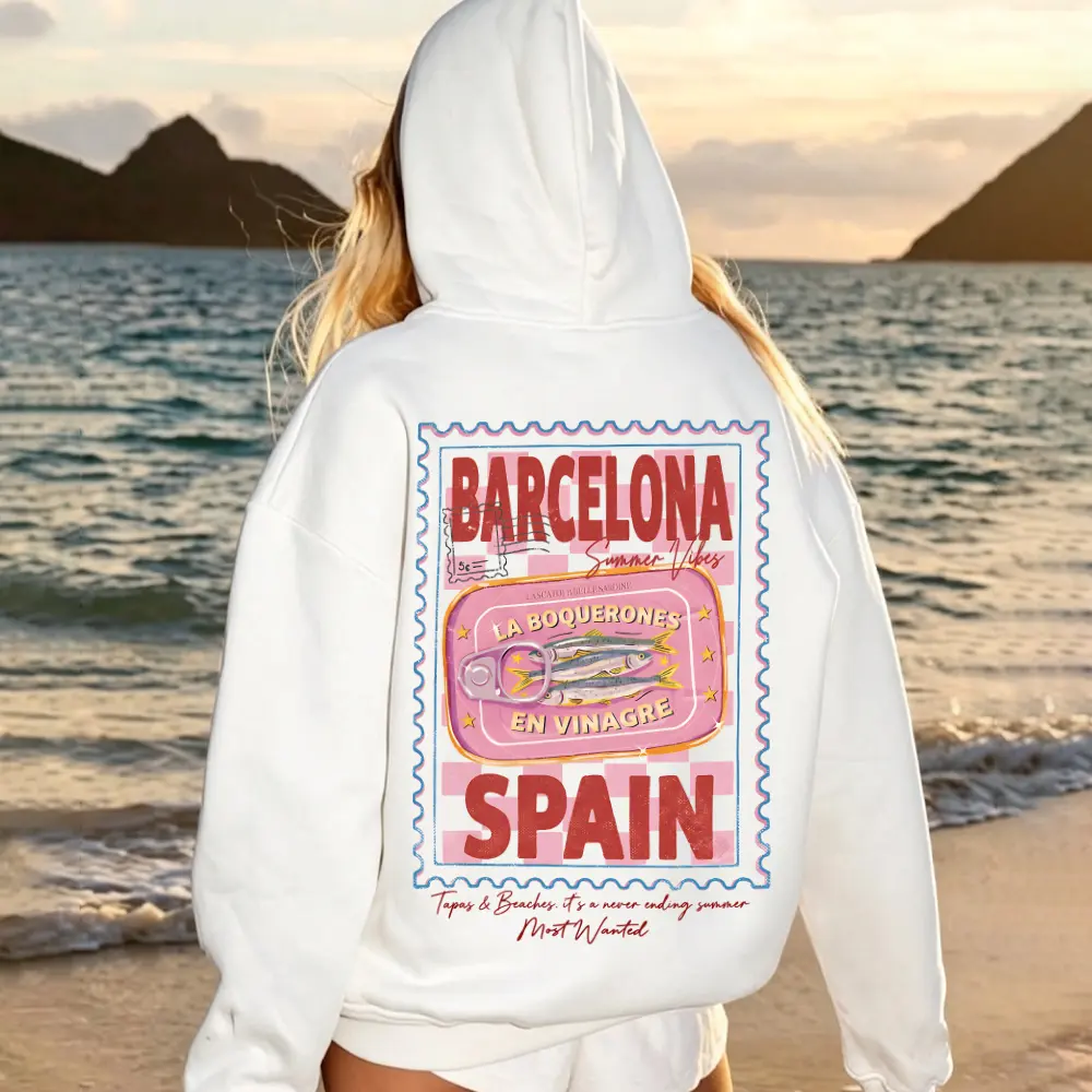 Women's Oversized Barcelona Spain Graphic Hoodie - Vintage Tinned Fish Postage Stamp Print, Unisex Heavyweight Cotton Fabric, European Casual Style Essential Pullover Top (Tapas Aesthetic, T-Shirt-Inspired Comfort), Long Sleeve, Sleeve