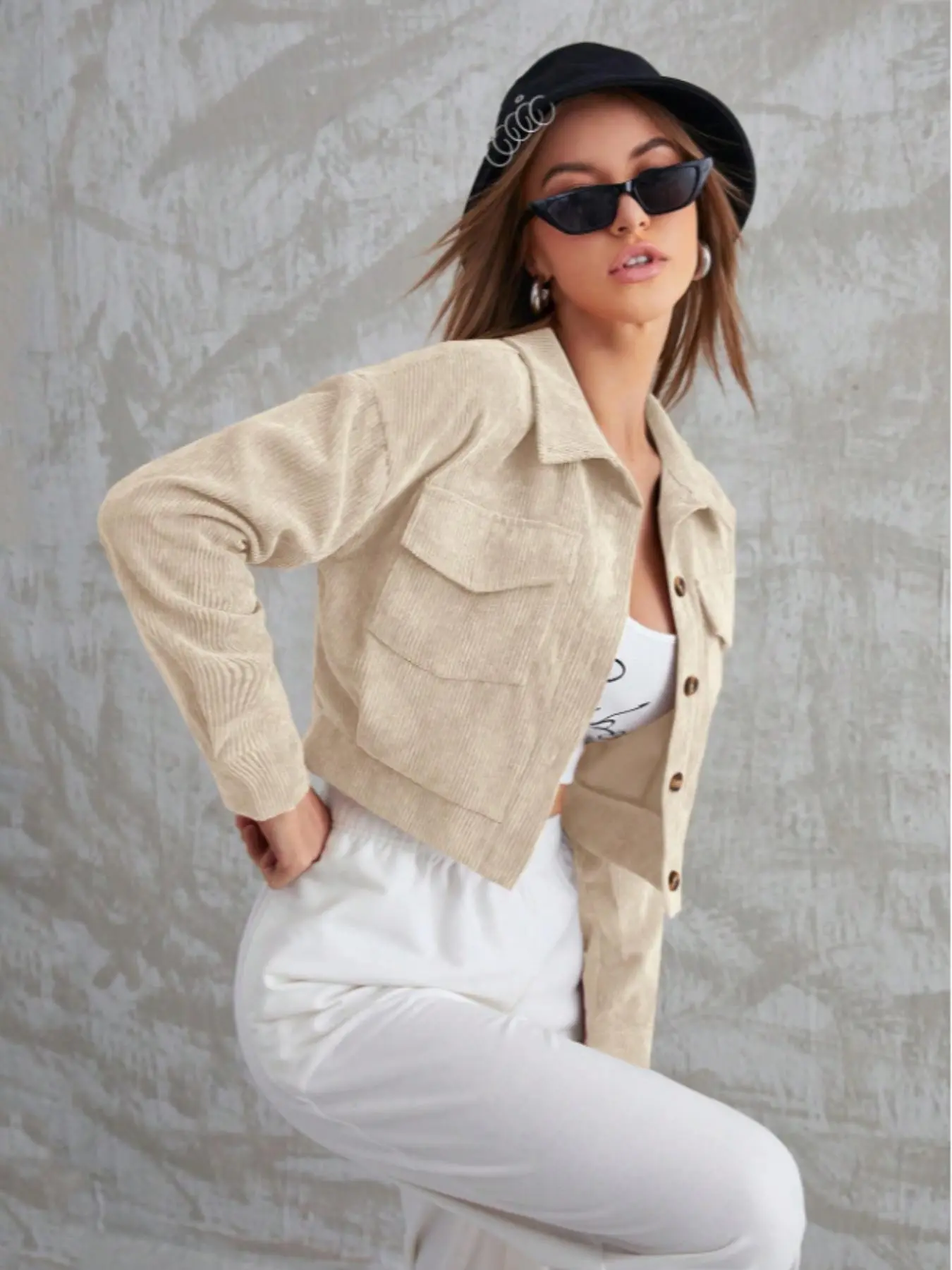 Vintage Loose Fit Shoulder Drop Long Sleeve Short Jacket, Lapel Two Pockets Single Button Workwear Coat, Slimming Versatile Short Blazer