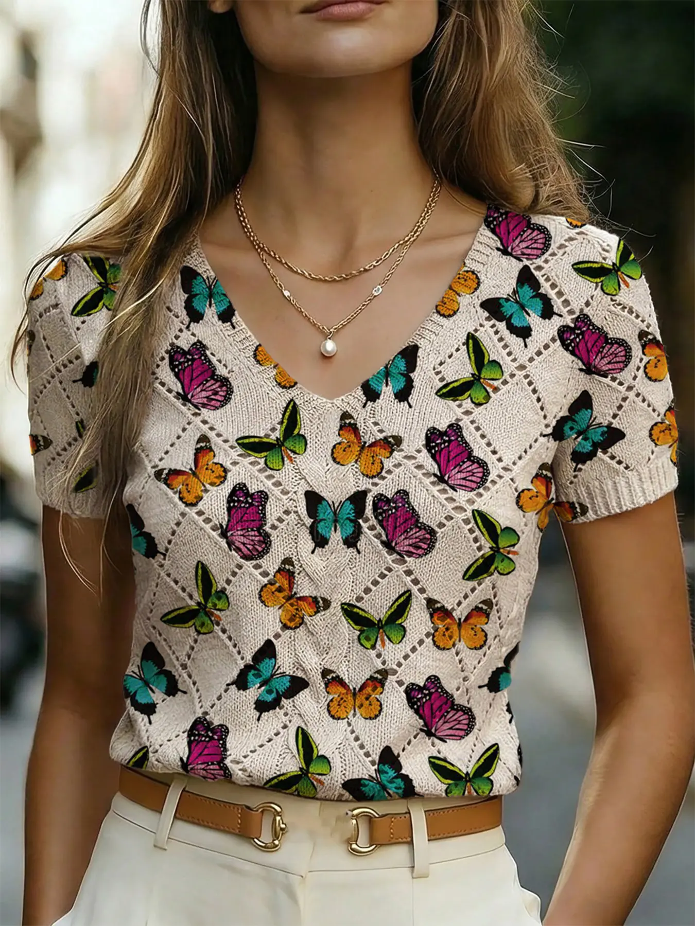 Women's V-Neck Hollow Out Short Sleeve Knit Top, Butterfly Print, Boho Cottagecore Shirt, Casual Elegant Commuter Style, Breathable Summer Jacket