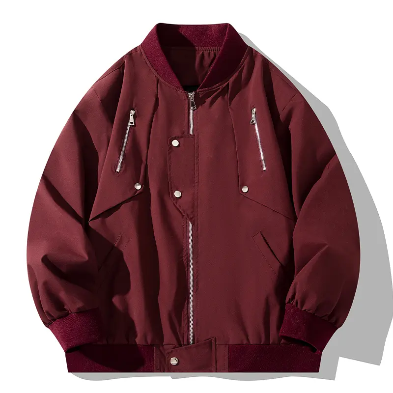 Men's Plain Casual Bomber Jacket, Long Sleeve Street Style Coat with a Baseball Collar, Multi-Zipper Details & Snap Buttons, Tops, Menswear, Coats, Cold Wash, Medium Length
