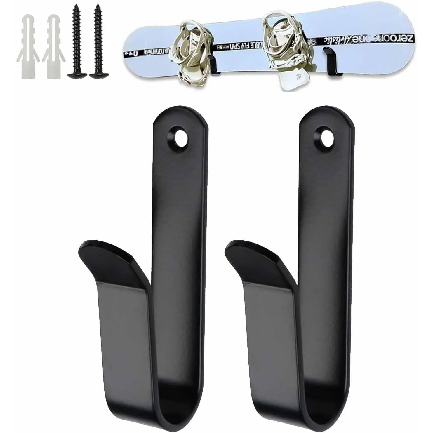 Snowboard Wall Mount & Skateboard Display Rack - Horizontal Hanger Clips for Snowboards, Longboards, Skateboards - Space Saving Storage Solution for Garage, Bedroom, Living Room (Black, 2 count)
