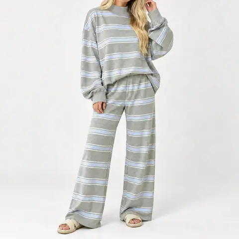 Women's Striped Print 2 Piece Set, Mock Neck Long Sleeve Oversized Pullover & Wide Leg Pants, Casual Relaxed Matching Outfit for Home, Travel, Daily Wear, Fall Winter