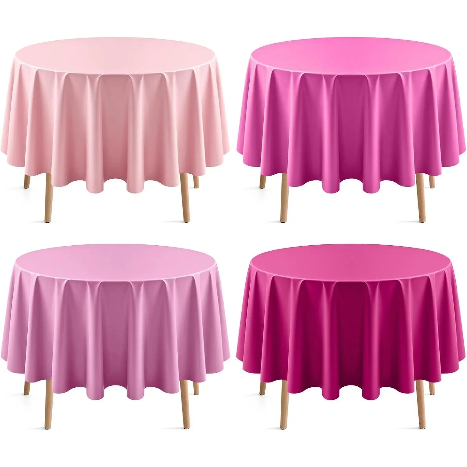 Just Shimmer 4 Pieces Pink Series Round Tablecloth, 84" Solid Color Waterproof & Spillproof Disposable Plastic Table Cover, Durable Party Tablecloth for Dining, Buffet, Picnic, Outdoor Events